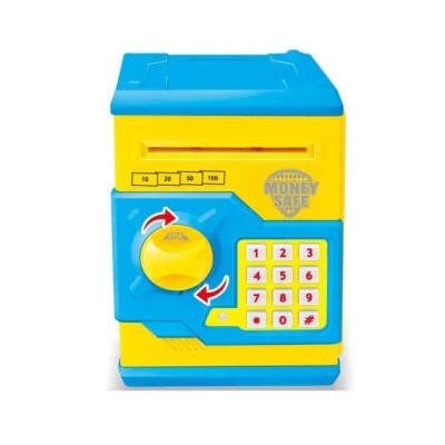 Детская копилка сейф MK 3916 18см, сейф, звук, свет, затягивает купюры сине-желтый