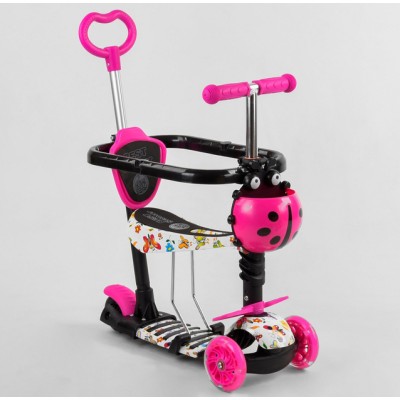 Самокат 5в1 Best Scooter S-8509 с защитным бортиком, корзинка, родительская ручка розово-бело-черный