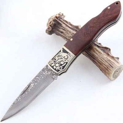 Нож складной Boda DK 030 из дамасской стали с кожаным чехлом