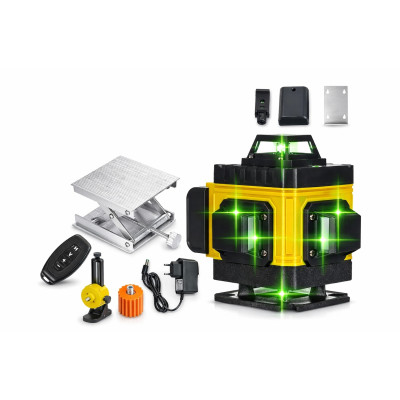 Лазерний рівень нівелір Laser Level 4D 2 акумулятори 16 ліній зелений промінь у кейсі жовтий