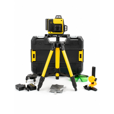 Лазерний рівень нівелір Laser Level Meter 3D-4D 2 акумулятори 16 ліній зелений промінь зі штативом в кейсі жовтий