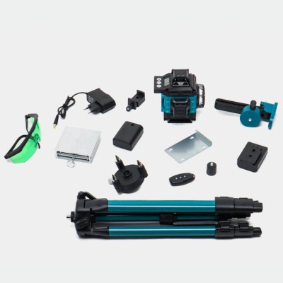 Лазерный уровень нивелир Laser Level 4D 2 аккумулятора 16 линий зеленый луч со штативом в кейсе синий