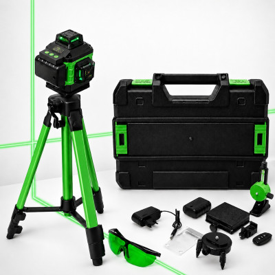 Лазерный уровень нивелир Laser Level 4D 2 аккумулятора 16 линий зеленый луч со штативом в кейсе зеленый