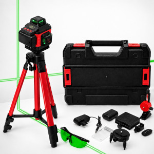 Лазерний рівень нівелір Laser Level 4D 2 акумулятори 16 ліній зелений промінь зі штативом у кейсі червоний