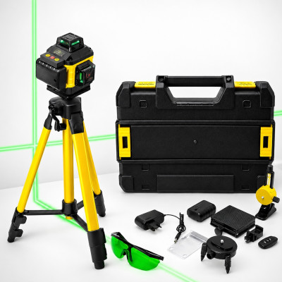 Лазерный уровень нивелир Laser Level 4D 2 аккумулятора 16 линий зеленый луч со штативом в кейсе желтый