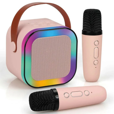 Дитяче бездротове караоке K-12 Bluetooth колонка + 2 мікрофони RGB підсвічування рожевий