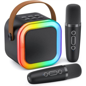 Детское беспроводное караоке K-12 Bluetooth колонка + 2 микрофона RGB подсветка чёрный