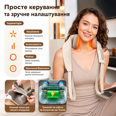 Массажер портативный аккумуляторный Massager shoulder neck waist back legs для шеи, спины и тела с подогревом бежечый