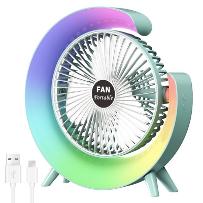 Вентилятор настільний акумуляторний Fan Portable USB RBG підсвічування синій