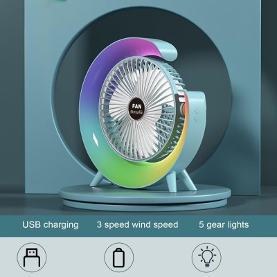 Вентилятор настільний акумуляторний Fan Portable USB RBG підсвічування зелене