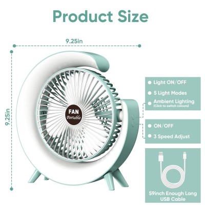 Вентилятор настільний акумуляторний Fan Portable USB RBG підсвічування зелене