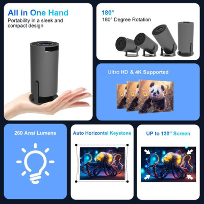 Портативный мини проектор Projector HY300 Ultra HD 4K до 130 дюймов, HDMI, поддержка Android и iOS, Bluetooth 5.0, Wi-Fi 6, мультимедийный домашний кинотеатр black