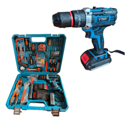 Шуруповерт аккумуляторный V-TEKK Cordless Drill дрель 21В  + 2 АКБ + кейс с комплектом инструментов чёрно-синий