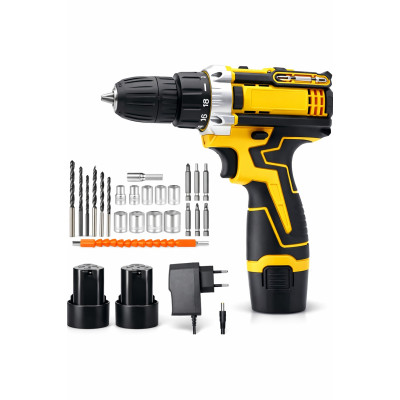 Шуруповерт аккумуляторный Drill дрель + 2 АКБ 12В + кейс с комплектом насадок чёрно-желтый