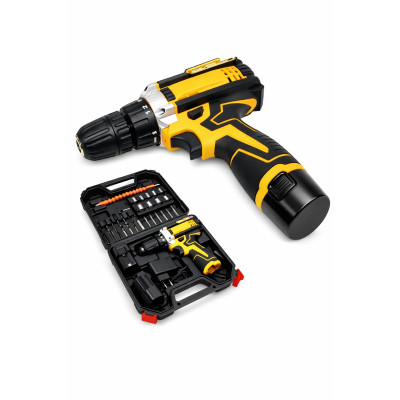 Шуруповерт аккумуляторный Drill дрель + 2 АКБ 12В + кейс с комплектом насадок чёрно-желтый
