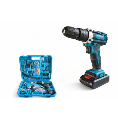 Шуруповерт аккумуляторный Cordless Drill дрель 21В + 2 АКБ + кейс с комплектом инструментов 112шт чёрно-синий