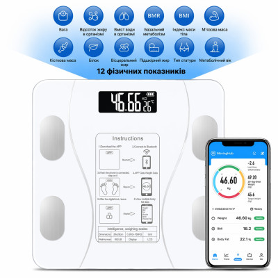 Смарт-весы Smart Scale Bluetooth White умные напольные фитнеc весы 180 кг