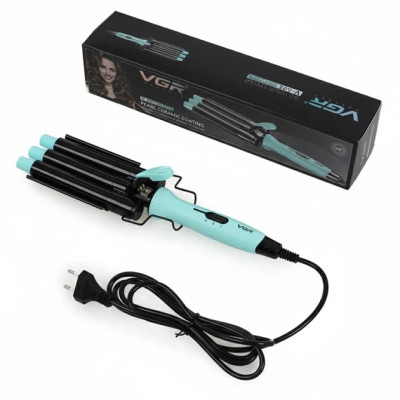 Плойка щипцы для волос тройная VGR V-595 три пальца волна чёрно-голубой