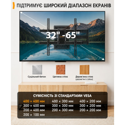 Крепление кронштейн поворотный для телевизора и монитора настенное Perlegear PGMF24 32-65 выдвижное до 60кг