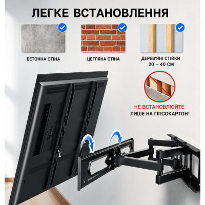 Крепление кронштейн поворотный для телевизора и монитора настенное Perlegear psmfk4 26-65 выдвижное до 45кг