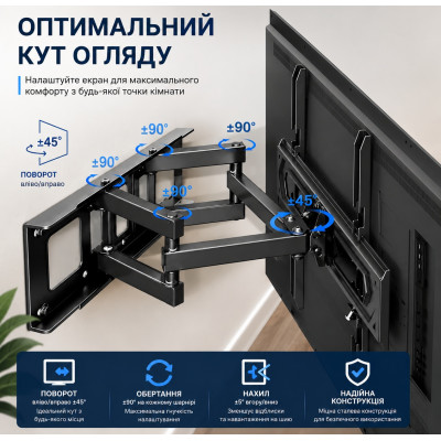 Крепление кронштейн поворотный для телевизора и монитора настенное Perlegear psmfk4 26-65 выдвижное до 45кг