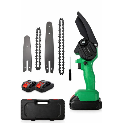 Аккумуляторная пила цепная электрическая Chain SAW 2 шины 4+6 дюйма, мини пила для обрезки деревьев и распила дров 2 АКБ зеленый