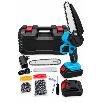 Аккумуляторная пила цепная электрическая Chain SAW 2 шины 4+6 дюйма, мини пила для обрезки деревьев и распила дров 2 АКБ синй