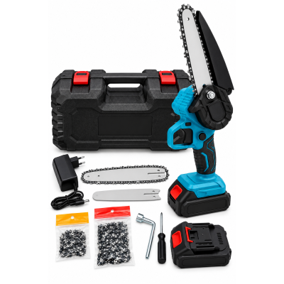 Аккумуляторная пила цепная электрическая Chain SAW 2 шины 4+6 дюйма, мини пила для обрезки деревьев и распила дров 2 АКБ синй
