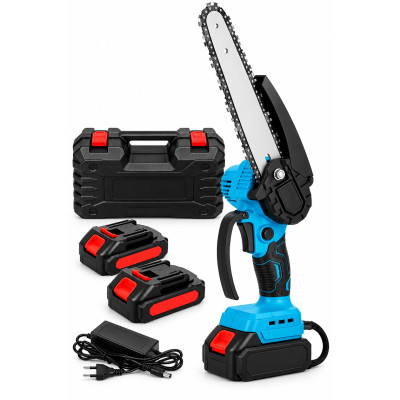 Аккумуляторная пила цепная электрическая Chain SAW 8 дюймов, мини пила для обрезки деревьев и распила дров 2 АКБ чёрно-синий