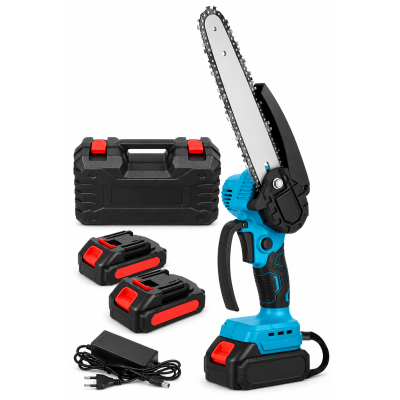 Аккумуляторная пила цепная электрическая Chain SAW 8 дюймов, мини пила для обрезки деревьев и распила дров 2 АКБ чёрно-синий