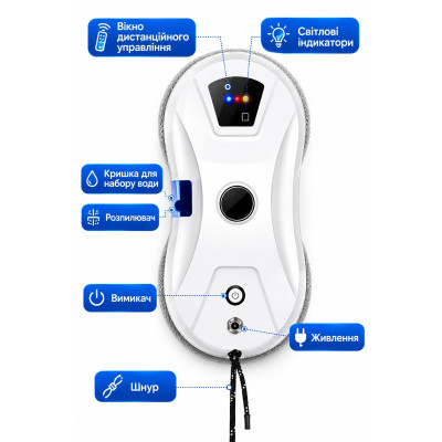 Робот для мойки окон умный с пультом ДУ Germatic W14S мойщик стеклоочиститель оконный пылесос щетка для мойки окон, зеркал, плитки, витрин, кафеля бело-черный
