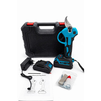 Секатор садовый аккумуляторный 21V 2 АКБ электрический портативный электросекатор, садовые ножницы в кейсе чёрно-синий