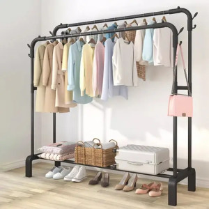 Подвійна стійка вішалка для одягу та взуття Loft Rack TW-6008-1 сталева підлогова з полицею, гачками Black