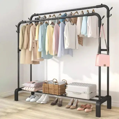 Двойная стойка вешалка для одежды и обуви Loft Rack TW-6008-1 напольная стальная с полкой, крючками Black
