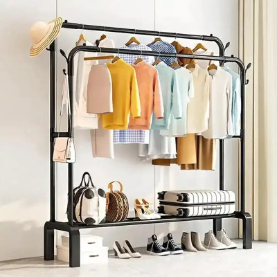 Подвійна стійка вішалка для одягу та взуття Loft Rack TW-6008-1 сталева підлогова з полицею, гачками Black