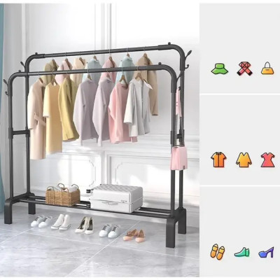 Подвійна стійка вішалка для одягу та взуття Loft Rack TW-6008-1 сталева підлогова з полицею, гачками Black