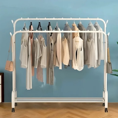 Двойная стойка вешалка для одежды и обуви Loft Rack TW-610-2 напольная стальная с полкой, крючками, на колесах white