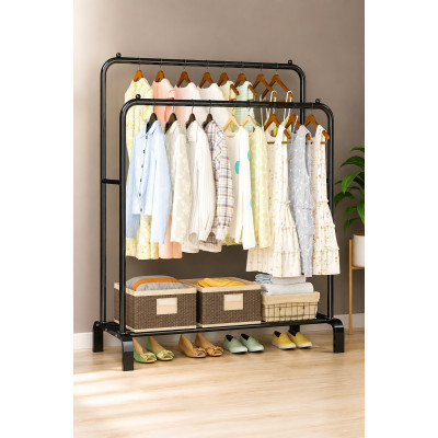 Подвійна стійка вішалка для одягу та взуття Doble Pole Hanger black сталева підлогова з полицею