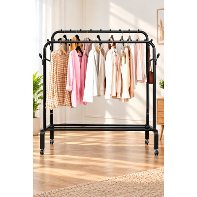 Подвійна стійка вішалка для одягу та взуття Doble Pole Hanger black гачками на колесах сталева підлогова з полицею