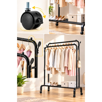 Двойная стойка вешалка для одежды и обуви Doble Pole Hanger black скрючками на колесах напольная стальная с полкой