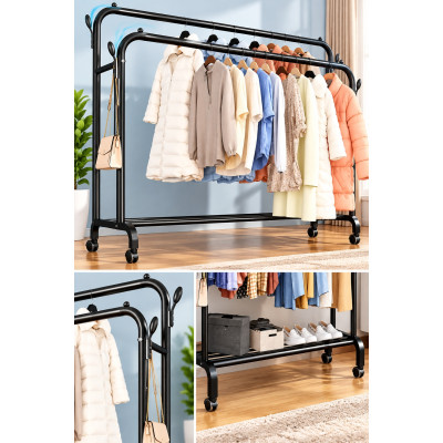 Двойная стойка вешалка для одежды и обуви Doble Pole Hanger black скрючками на колесах напольная стальная с полкой