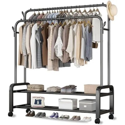 Двойная стойка вешалка для одежды и обуви Loft Rack напольная стальная с полкой, крючками, на колесах Black