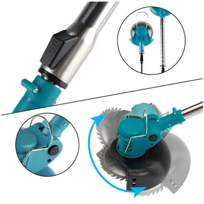 Триммер аккумуляторный для травы, газона и кустов  2 АКБ, с набором ножей, пильным диском и регулируемой штангой синий