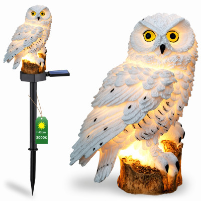 Садовий газонний світильник Сова на сонячній батареї із сутінковим датчиком біла