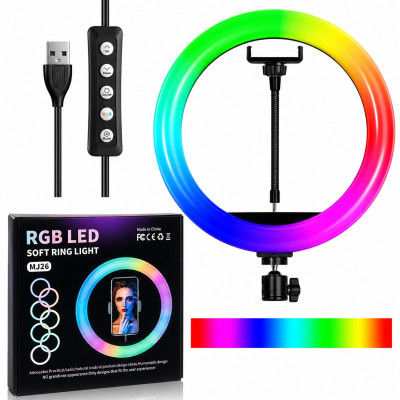 Кільцева LED лампа RGB MJ-26 26см кольорова з утримувачем для телефону