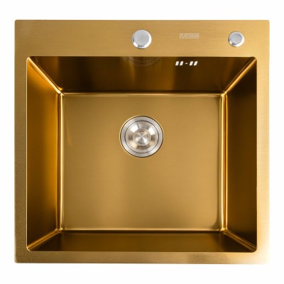 Мойка кухонная Platinum Handmade PVD 50х50х22 3,0/1,5 мм корзина + дозатор золото