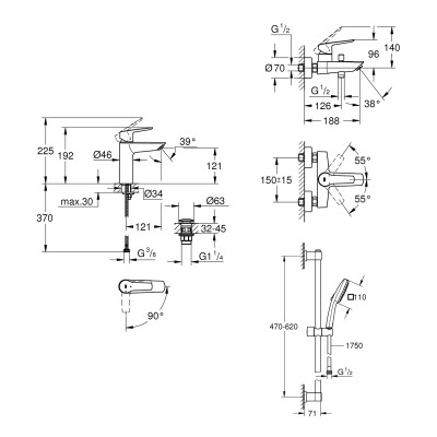 Набор смесителей 3 в 1 для ванной комнаты Grohe QuickFix Start M-Size UA202301ME