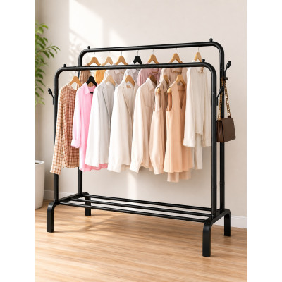 Двойная стойка вешалка для одежды и обуви Doble Pole Hanger black напольная стальная с полкой