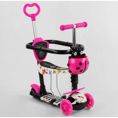 Самокат 5в1 Best Scooter S-8509 із захисним бортиком, кошик, батьківська ручка рожево-біло-чорний