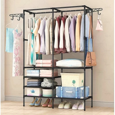 Двойная стойка вешалка для одежды и обуви Simple Coat Rack Double Row напольная стальная с полками и крючками Black